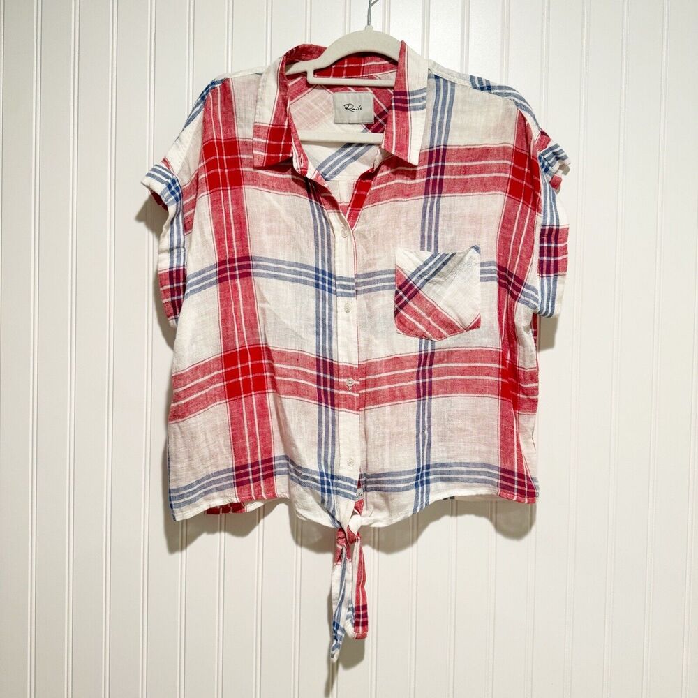 Rails Amelie Linen Plaid Tie Front Top Size Large - image 2